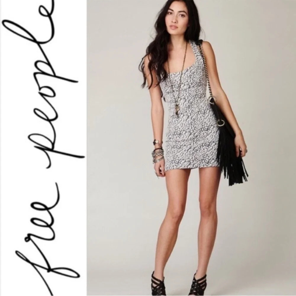 Free People Jacquard Knit Racerback Body Con Mini Dress White Grey Small - Picture 2 of 10